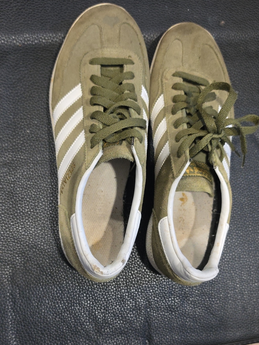 adidas Olive Green Suede Sneakers with White Stripes